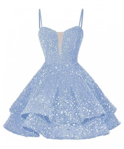 Sequin Short Homecoming Dresses for Teens Spaghetti Straps Tiered Sparkly Mini Prom Dress Light Blue $22.55 Dresses