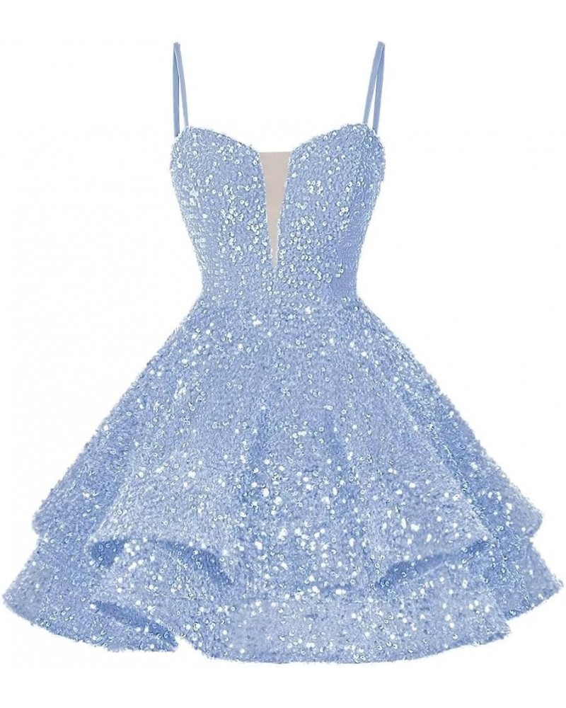 Sequin Short Homecoming Dresses for Teens Spaghetti Straps Tiered Sparkly Mini Prom Dress Light Blue $22.55 Dresses