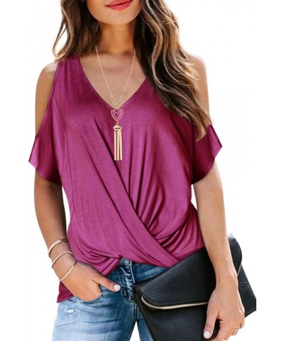 Womens Summer Cold Shoulder Tops Short Sleeve Front Twist Knot V Neck T Shirts Draped Blouses Fuchsia $16.81 T-Shirts