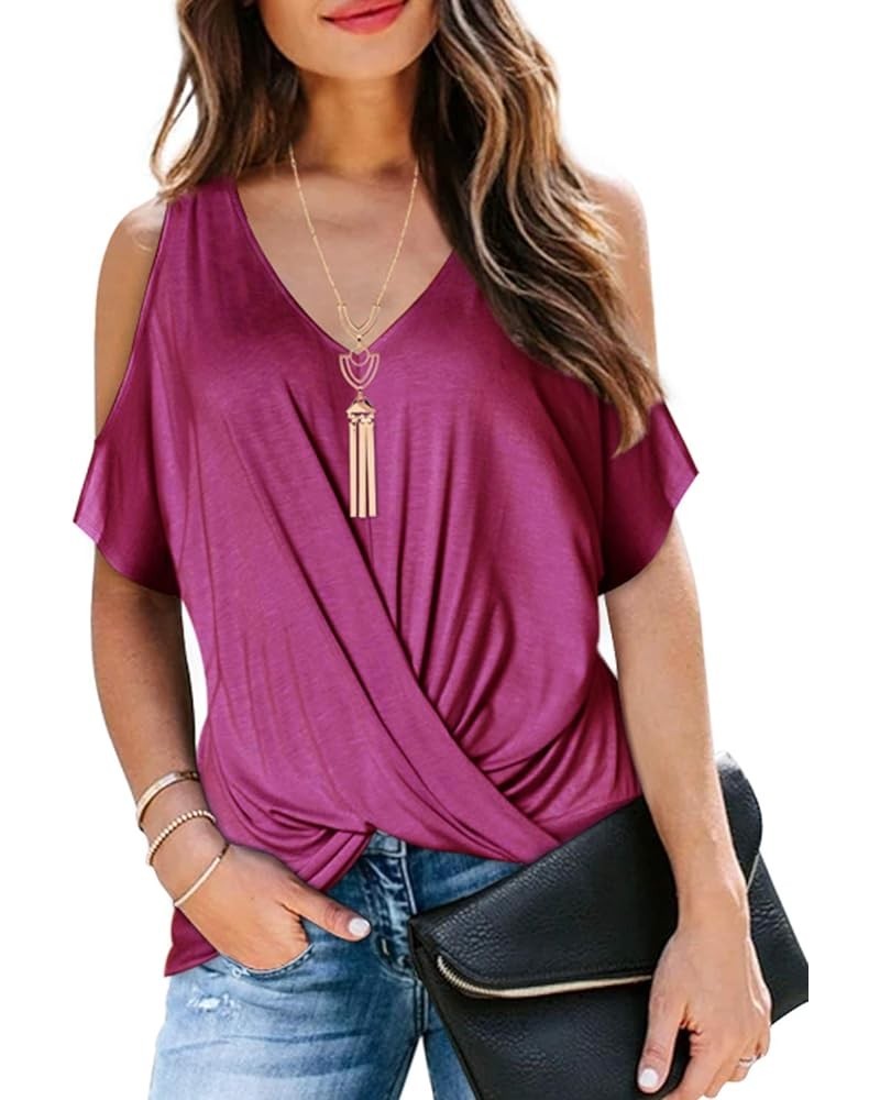 Womens Summer Cold Shoulder Tops Short Sleeve Front Twist Knot V Neck T Shirts Draped Blouses Fuchsia $16.81 T-Shirts