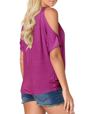 Womens Summer Cold Shoulder Tops Short Sleeve Front Twist Knot V Neck T Shirts Draped Blouses Fuchsia $16.81 T-Shirts