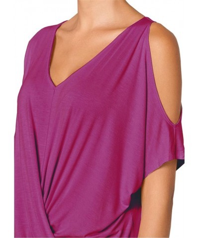 Womens Summer Cold Shoulder Tops Short Sleeve Front Twist Knot V Neck T Shirts Draped Blouses Fuchsia $16.81 T-Shirts