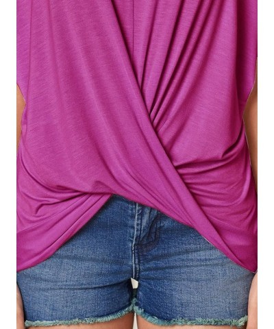 Womens Summer Cold Shoulder Tops Short Sleeve Front Twist Knot V Neck T Shirts Draped Blouses Fuchsia $16.81 T-Shirts