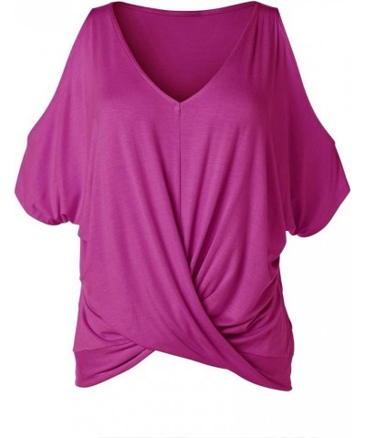 Womens Summer Cold Shoulder Tops Short Sleeve Front Twist Knot V Neck T Shirts Draped Blouses Fuchsia $16.81 T-Shirts