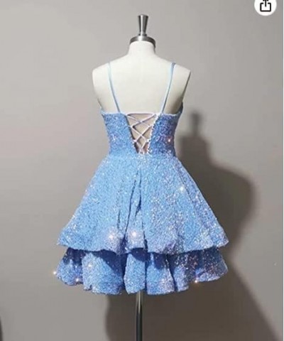 Sequin Short Homecoming Dresses for Teens Spaghetti Straps Tiered Sparkly Mini Prom Dress Light Blue $22.55 Dresses