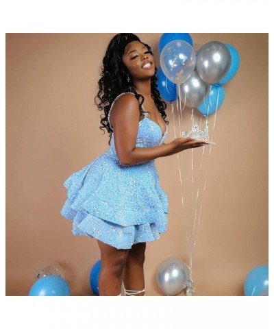 Sequin Short Homecoming Dresses for Teens Spaghetti Straps Tiered Sparkly Mini Prom Dress Light Blue $22.55 Dresses