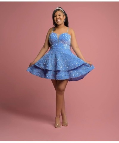 Sequin Short Homecoming Dresses for Teens Spaghetti Straps Tiered Sparkly Mini Prom Dress Light Blue $22.55 Dresses