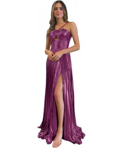 Sparkly Satin Halter Prom Dresses with Slit Long A-Line Sleeveless Formal Evening Party Dress for Women 2024 Plum $32.00 Dresses