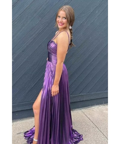 Sparkly Satin Halter Prom Dresses with Slit Long A-Line Sleeveless Formal Evening Party Dress for Women 2024 Plum $32.00 Dresses