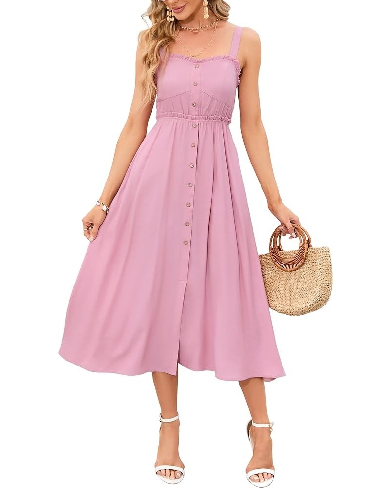 Women's Casual Summer Dress Spaghetti Strap Button Down Sleeveless A-Line Beach Swing Midi Sundress Pink $24.19 Dresses