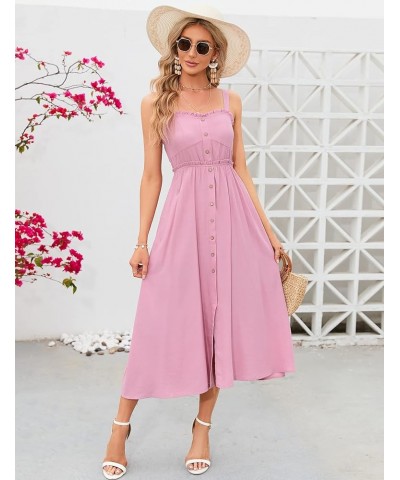 Women's Casual Summer Dress Spaghetti Strap Button Down Sleeveless A-Line Beach Swing Midi Sundress Pink $24.19 Dresses