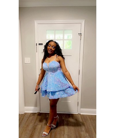 Sequin Short Homecoming Dresses for Teens Spaghetti Straps Tiered Sparkly Mini Prom Dress Light Blue $22.55 Dresses