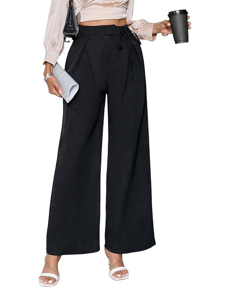 Women's Casual Knot Side High Waisted Wide Leg Work Pants Long Trousers Black $10.00 Pants