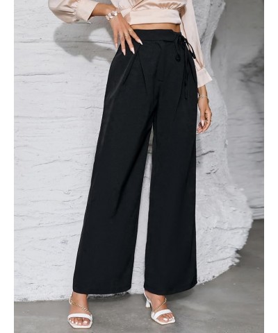 Women's Casual Knot Side High Waisted Wide Leg Work Pants Long Trousers Black $10.00 Pants