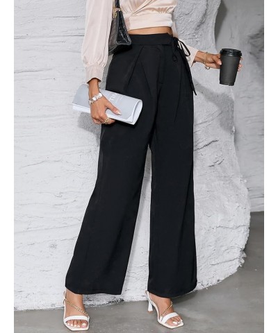 Women's Casual Knot Side High Waisted Wide Leg Work Pants Long Trousers Black $10.00 Pants