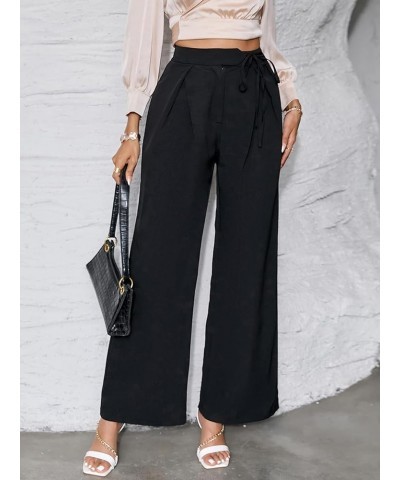 Women's Casual Knot Side High Waisted Wide Leg Work Pants Long Trousers Black $10.00 Pants