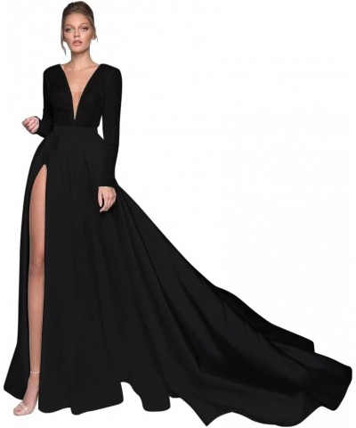 Long Sleeve Prom Dresses Sequin Satin V Neck Slit Formal Evening Gowns for Women with Pockets Wedding Dresses Black $34.65 Dr...