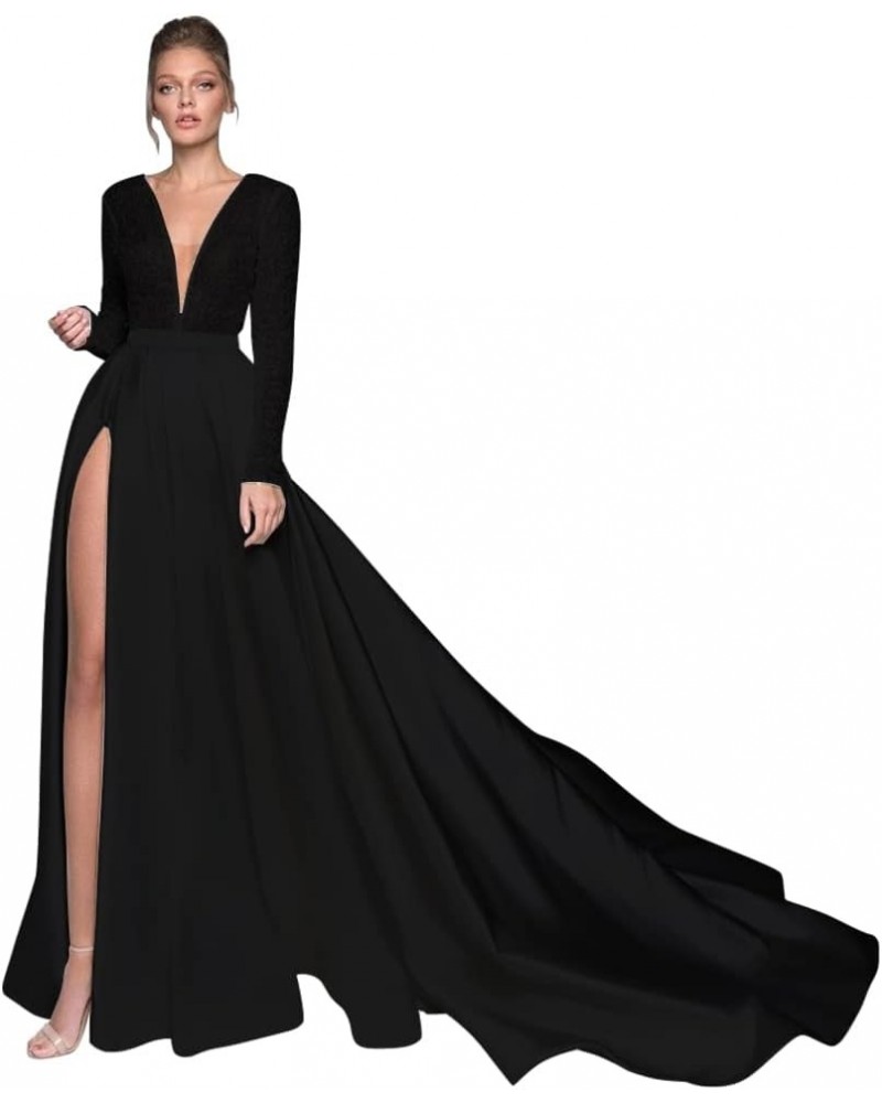 Long Sleeve Prom Dresses Sequin Satin V Neck Slit Formal Evening Gowns for Women with Pockets Wedding Dresses Black $34.65 Dr...