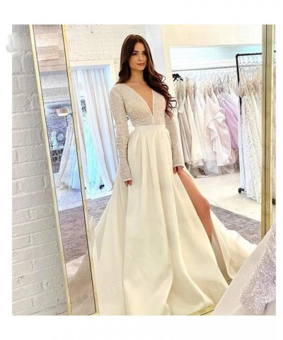 Long Sleeve Prom Dresses Sequin Satin V Neck Slit Formal Evening Gowns for Women with Pockets Wedding Dresses Black $34.65 Dr...