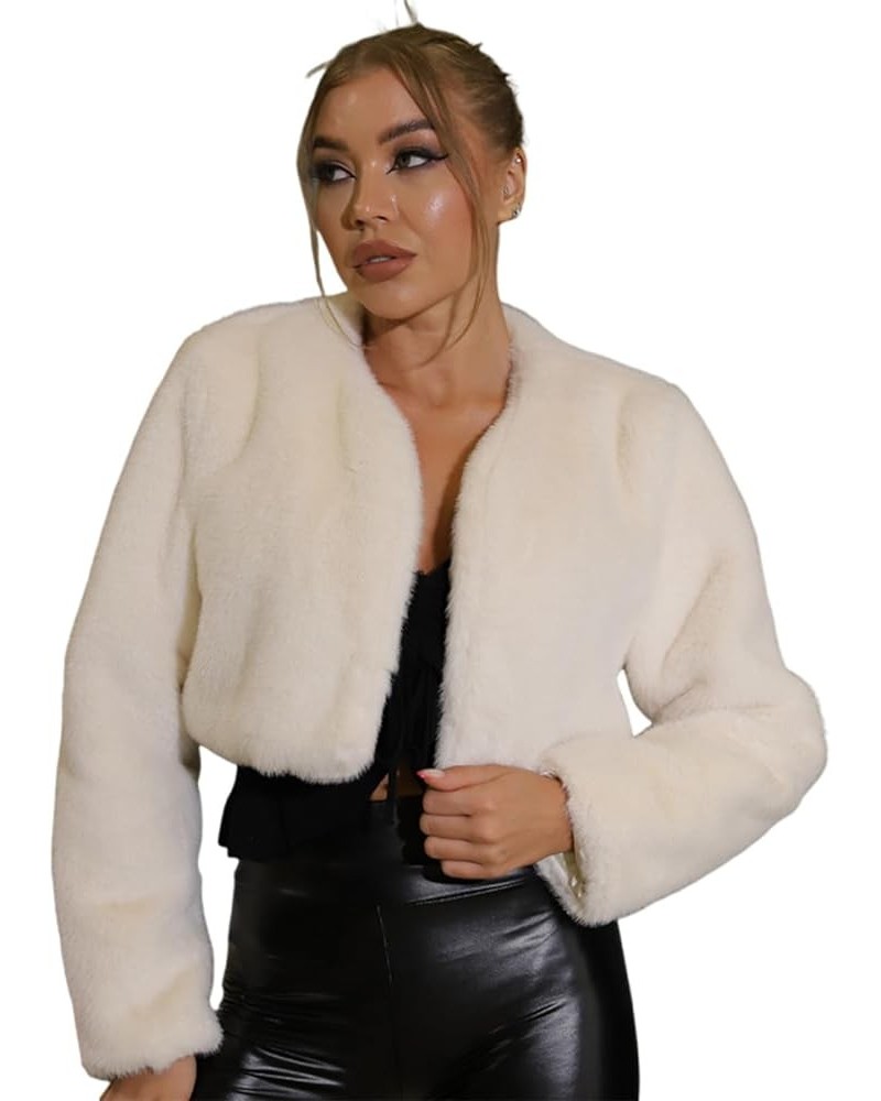 Women's Cropped Faux Fur Jacket Long Sleeve Open Front Fur Jacket Coats Winter Fuzzy Faux Fur Outwear C-beige $27.02 Coats