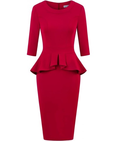 Women's 1950s Vintage 3/4 Sleeves Ruffles Bodycon Flattering Casual Formal Pencil Dress Burgundy $17.90 Dresses