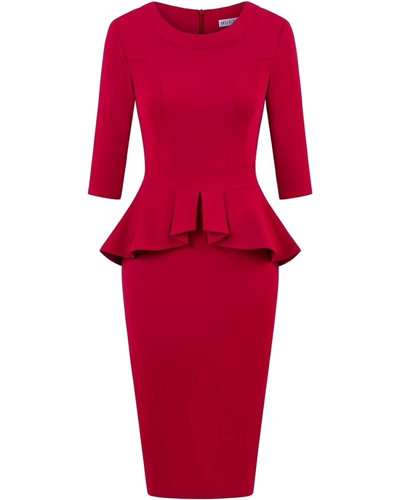 Women's 1950s Vintage 3/4 Sleeves Ruffles Bodycon Flattering Casual Formal Pencil Dress Burgundy $17.90 Dresses