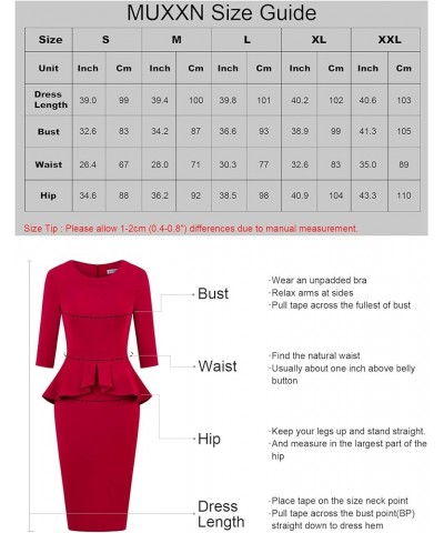 Women's 1950s Vintage 3/4 Sleeves Ruffles Bodycon Flattering Casual Formal Pencil Dress Burgundy $17.90 Dresses