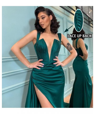 Satin Prom Dress for Women 2024 Long Ball Gowns High Slit Deep V-Neck Formal Evening Party Dresses Peacock $50.75 Dresses