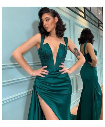 Satin Prom Dress for Women 2024 Long Ball Gowns High Slit Deep V-Neck Formal Evening Party Dresses Peacock $50.75 Dresses