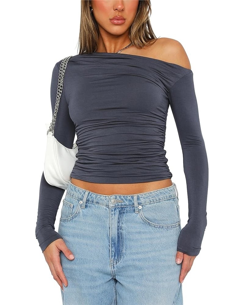 Women Long Sleeve Pullover Crop Tops Oblique Shoulder Ruched T-Shirt Bodycon Going Out Tee Shirts Streetwear Grey $6.47 T-Shirts