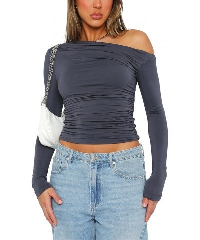 Women Long Sleeve Pullover Crop Tops Oblique Shoulder Ruched T-Shirt Bodycon Going Out Tee Shirts Streetwear Grey $6.47 T-Shirts