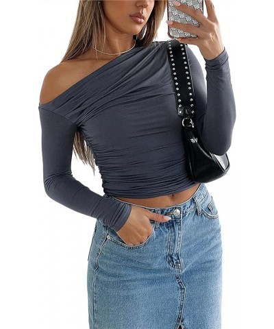 Women Long Sleeve Pullover Crop Tops Oblique Shoulder Ruched T-Shirt Bodycon Going Out Tee Shirts Streetwear Grey $6.47 T-Shirts