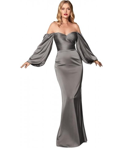 Off Shoulder Mermaid Bridesmaid Dresses Long Puff Sleeve Prom Dresses Satin Formal Evening Gowns with Slit Grey $43.98 Dresses