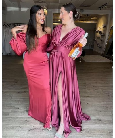 Off Shoulder Mermaid Bridesmaid Dresses Long Puff Sleeve Prom Dresses Satin Formal Evening Gowns with Slit Grey $43.98 Dresses