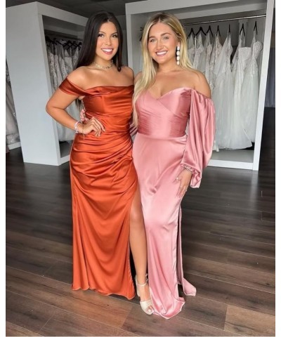 Off Shoulder Mermaid Bridesmaid Dresses Long Puff Sleeve Prom Dresses Satin Formal Evening Gowns with Slit Grey $43.98 Dresses