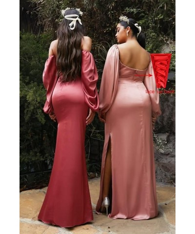 Off Shoulder Mermaid Bridesmaid Dresses Long Puff Sleeve Prom Dresses Satin Formal Evening Gowns with Slit Grey $43.98 Dresses