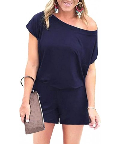 Women's Summer Casual Off Shoulder Rompers Short Sleeve Loose One Piece Jumpsuit with Pockets Navy $14.96 Rompers