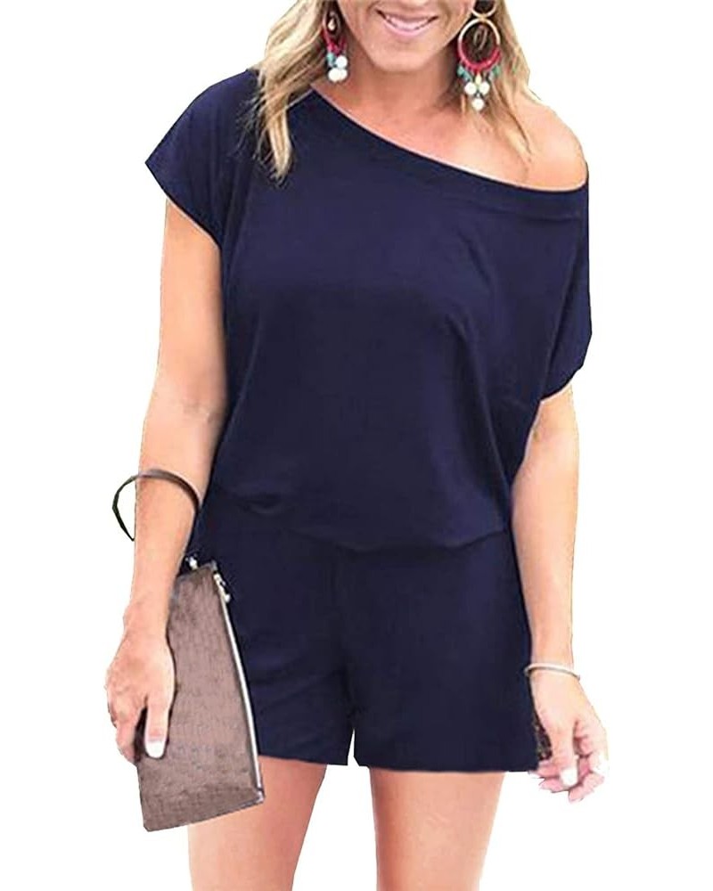 Women's Summer Casual Off Shoulder Rompers Short Sleeve Loose One Piece Jumpsuit with Pockets Navy $14.96 Rompers