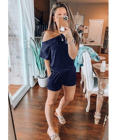 Women's Summer Casual Off Shoulder Rompers Short Sleeve Loose One Piece Jumpsuit with Pockets Navy $14.96 Rompers