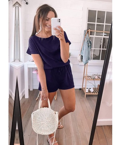 Women's Summer Casual Off Shoulder Rompers Short Sleeve Loose One Piece Jumpsuit with Pockets Navy $14.96 Rompers