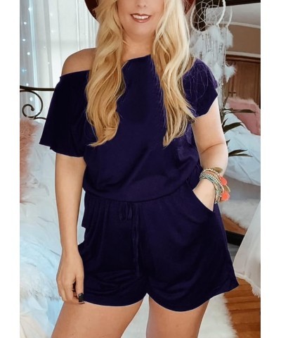 Women's Summer Casual Off Shoulder Rompers Short Sleeve Loose One Piece Jumpsuit with Pockets Navy $14.96 Rompers