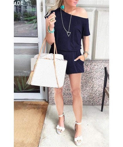 Women's Summer Casual Off Shoulder Rompers Short Sleeve Loose One Piece Jumpsuit with Pockets Navy $14.96 Rompers