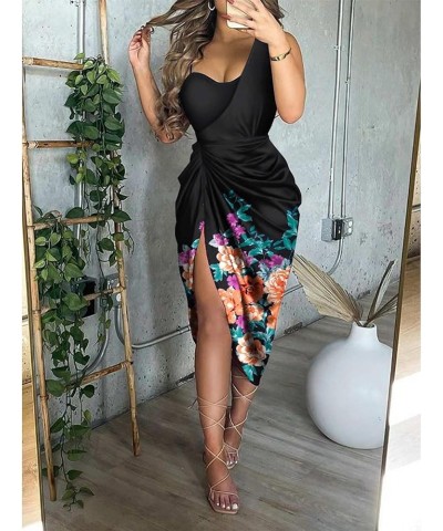 Women's Ruched Midi Dress Sleeveless Spaghetti Straps One Shoulder Asymmetric High Split Party Dress Floral-black $10.99 Dresses