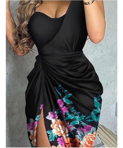 Women's Ruched Midi Dress Sleeveless Spaghetti Straps One Shoulder Asymmetric High Split Party Dress Floral-black $10.99 Dresses