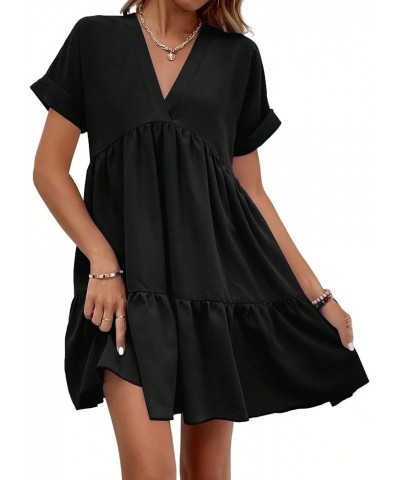 Women's Roll Up Short Sleeve V Neck Ruffle Hem Solid Swing Smock Dress Black a $19.78 Dresses