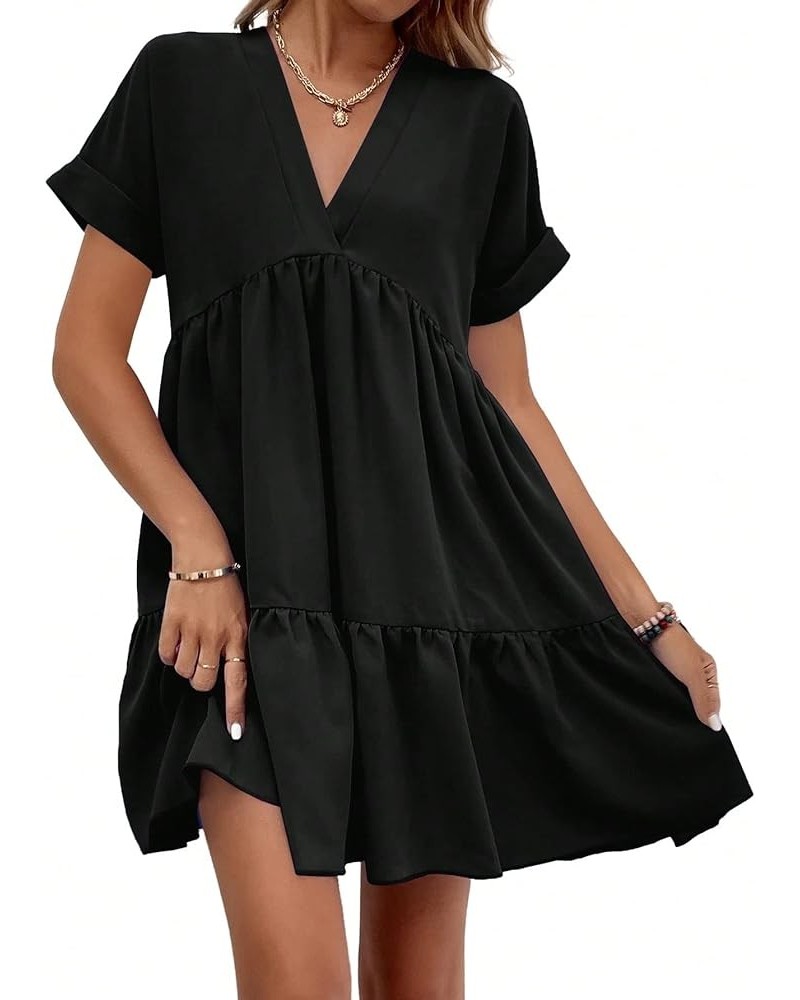 Women's Roll Up Short Sleeve V Neck Ruffle Hem Solid Swing Smock Dress Black a $19.78 Dresses