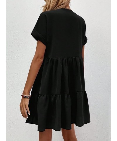 Women's Roll Up Short Sleeve V Neck Ruffle Hem Solid Swing Smock Dress Black a $19.78 Dresses