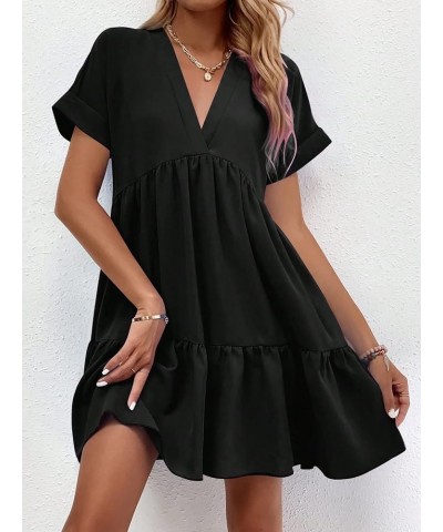 Women's Roll Up Short Sleeve V Neck Ruffle Hem Solid Swing Smock Dress Black a $19.78 Dresses