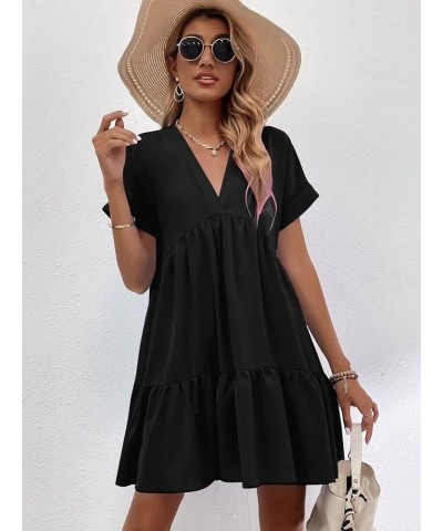 Women's Roll Up Short Sleeve V Neck Ruffle Hem Solid Swing Smock Dress Black a $19.78 Dresses