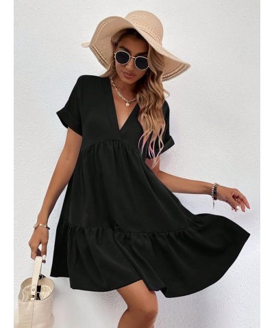 Women's Roll Up Short Sleeve V Neck Ruffle Hem Solid Swing Smock Dress Black a $19.78 Dresses